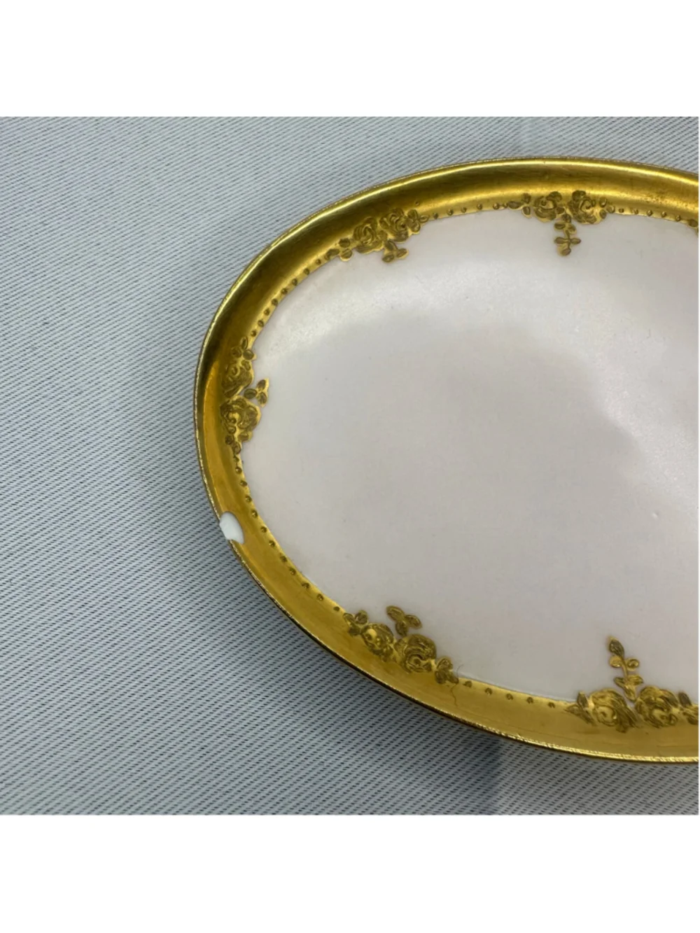 Antique Haviland Limoges France Gilt Oval Porcelain Dish Tray Gold w Rose Motif